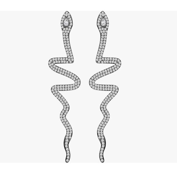 Trendy New Long Silver Rhinestone & Black Rhodium Snake Design Earrings - Picture 2 of 3
